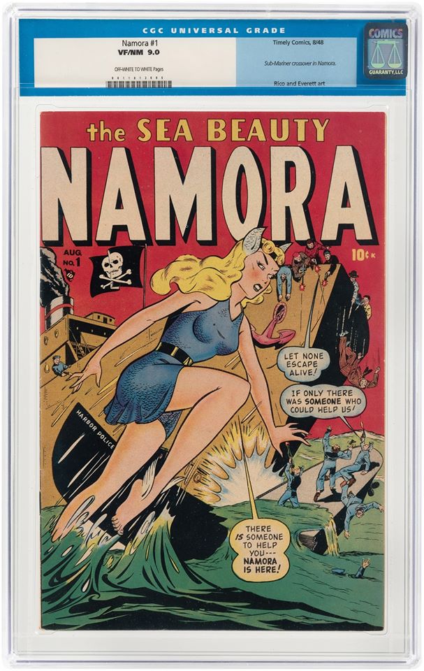 HakesAuctions's tweet photo. SOLD FOR $4,058! Consignments wanted! Many know #NamorTheSubMariner, but how many remember #Namor's cousin, #Namora? @HakesAuctions sold this stunning #CGC 9.0 copy of Namora #1 in our most recent sale! 🌊🌊
#Marvel #Timely #SubMariner #BillEverett #DonRico #GoldenAge #comicbooks https://t.co/RxBRWECXaL