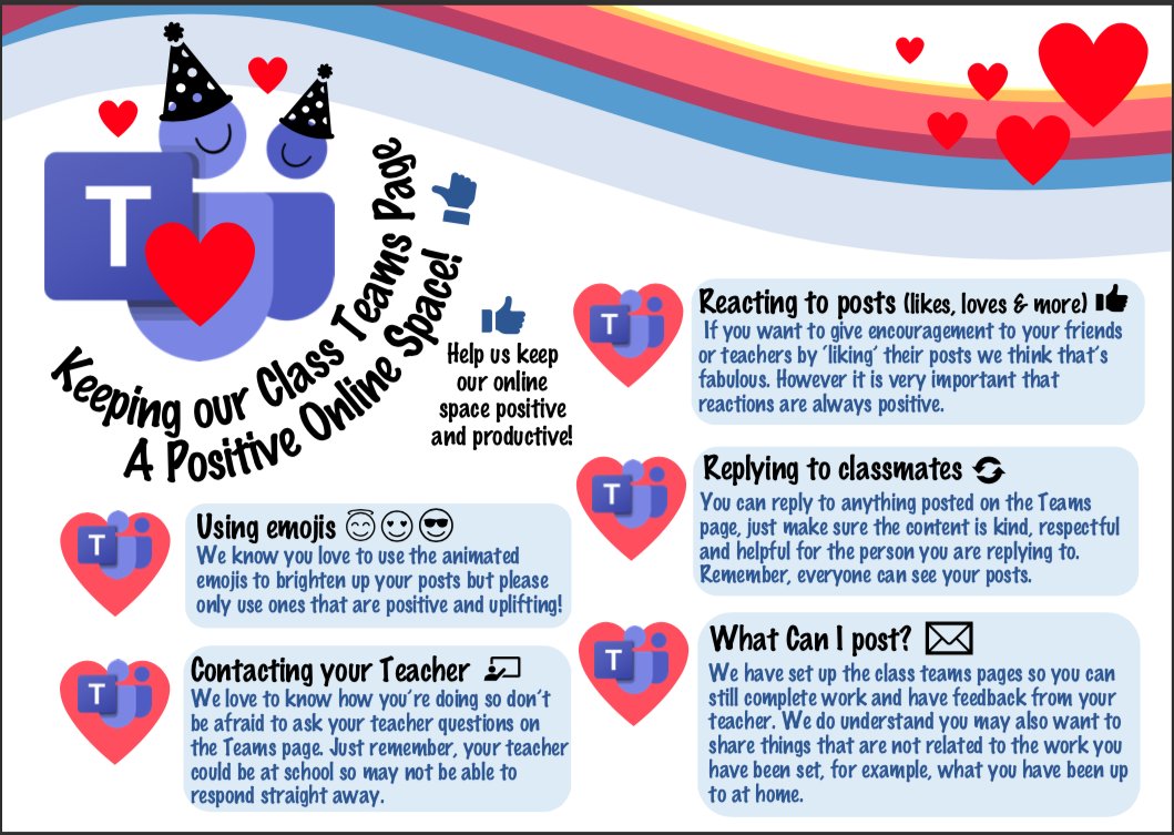 LucyLock16's tweet photo. Created this little reminder for pupils on how we keep our Teams learning spaces positive, helpful &amp; productive during our period of distance learning - Planning to pop on our pages tonight so both pupils &amp; parents can view. Happy to share if useful 👍@HwbNews @MicrosoftTeams https://t.co/ncOdC9jMBR