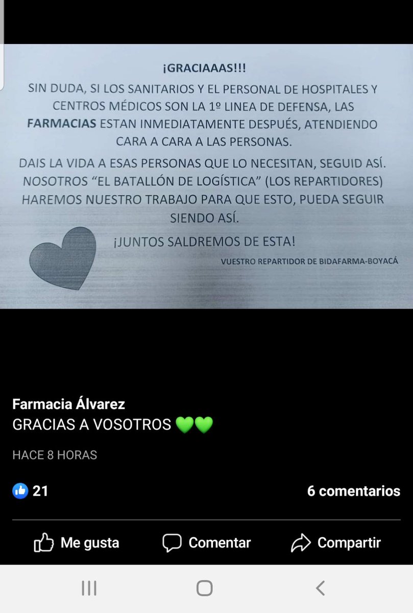 JuanLuisRamosIz's tweet photo. En @BidaFarma tratamos de animarnos y cuidarnos los unos a los otros, trabajadores, colaboradores repartidores, farmacias ❤️❤️
Orgulloso de estar aquí
#somosfarmacia https://t.co/2bltYh4y08