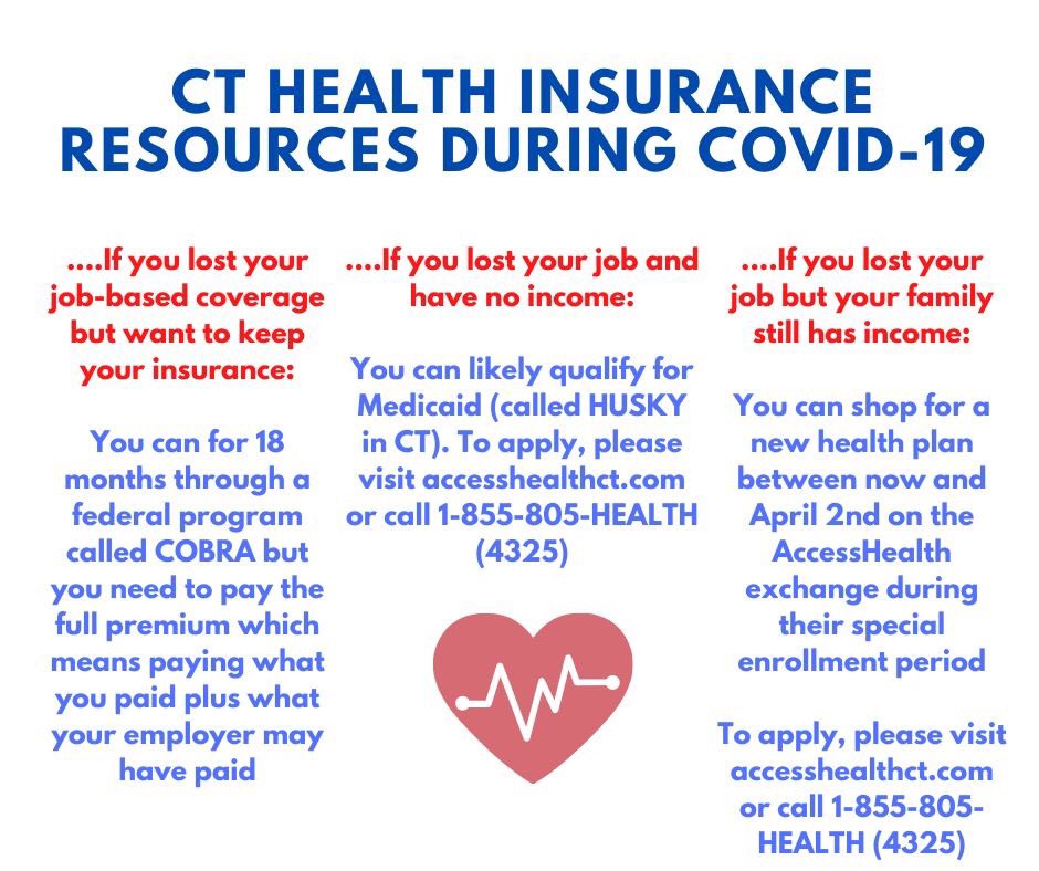 SeanScanlonCT's tweet photo. Has job interruption impacted your insurance? Here’s three options for you to make sure you stay covered and healthy: 

➡️keep your insurance thru COBRA
➡️see if you’re eligible for HUSKY
➡️enroll in @AccessHealthCT https://t.co/GxNFHKpw74