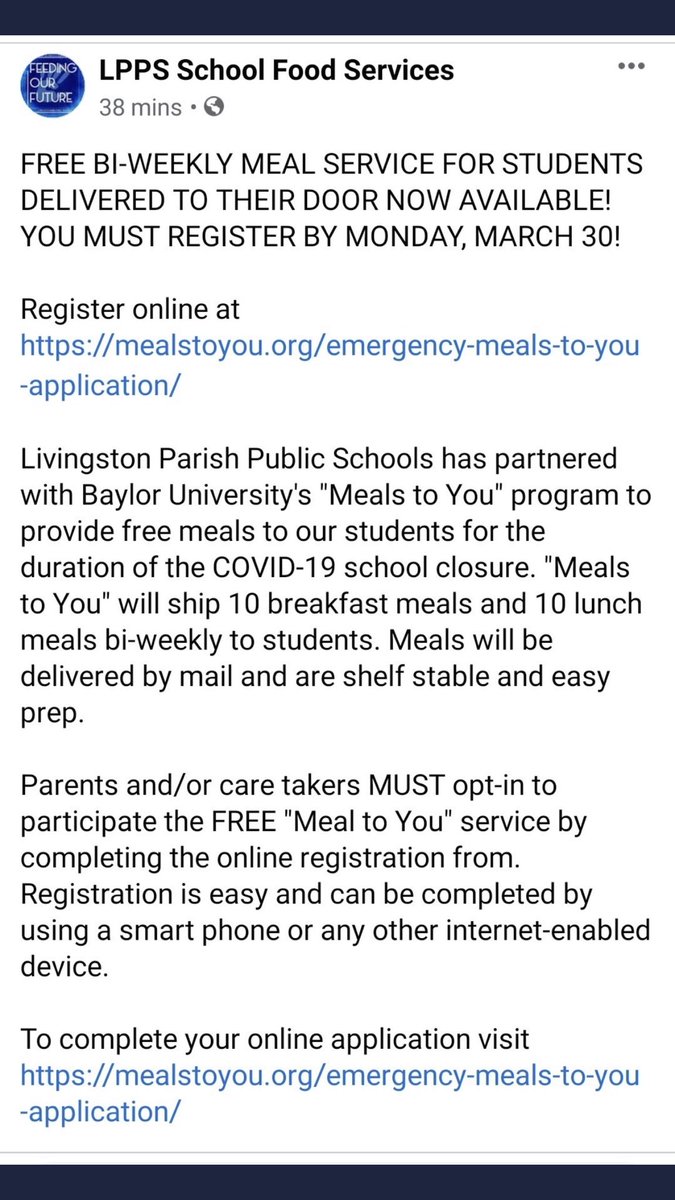 Meal delivery is now available for students. See the attached information on how to sign up.