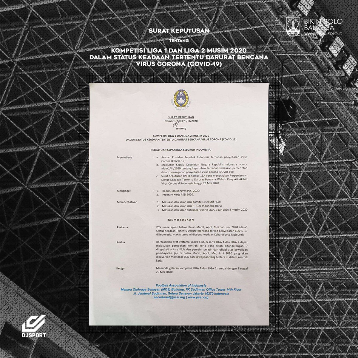 persisofficial's tweet photo. PSSI resmi memutuskan status Force Majeure untuk Liga 1 dan Liga 2 musim 2020 di tengah pandemik Virus Corona.

Hal tersebut diputuskan melalui surat nomor 48/SKEP/III/2020, yang ditandatangani oleh Ketua Umum PSSI, Mochamad Iriawan pada 27 maret 2020. https://t.co/zu0voU2ns3