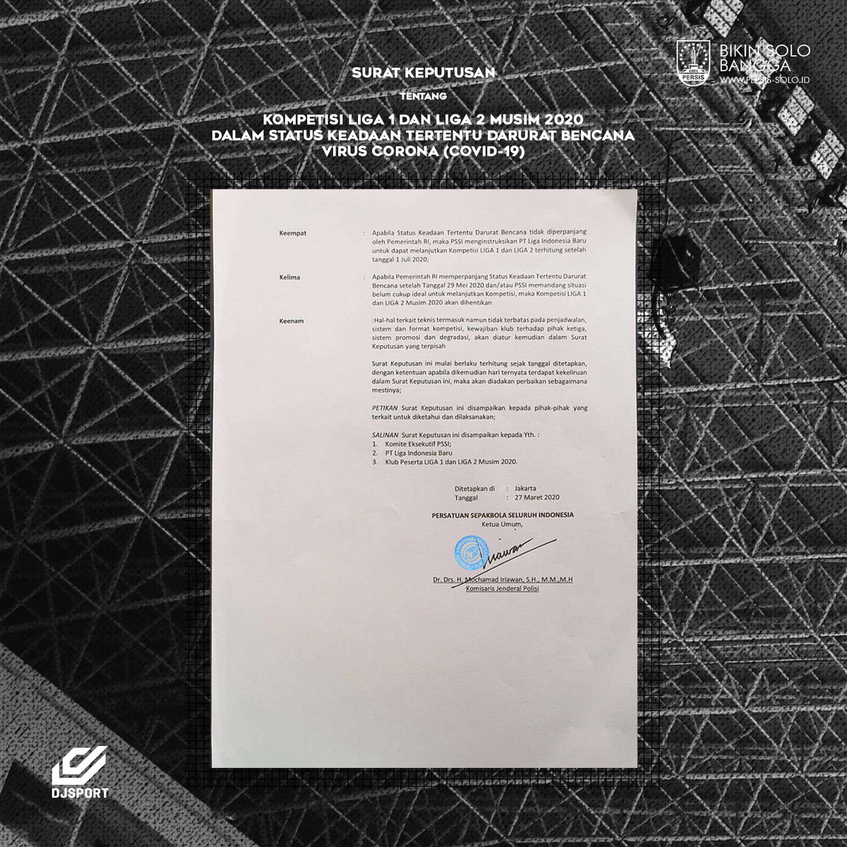 PSSI resmi memutuskan status Force Majeure untuk Liga 1 dan Liga 2 musim 2020 di tengah pandemik Virus Corona.

Hal tersebut diputuskan melalui surat nomor 48/SKEP/III/2020, yang ditandatangani oleh Ketua Umum PSSI, Mochamad Iriawan pada 27 maret 2020.