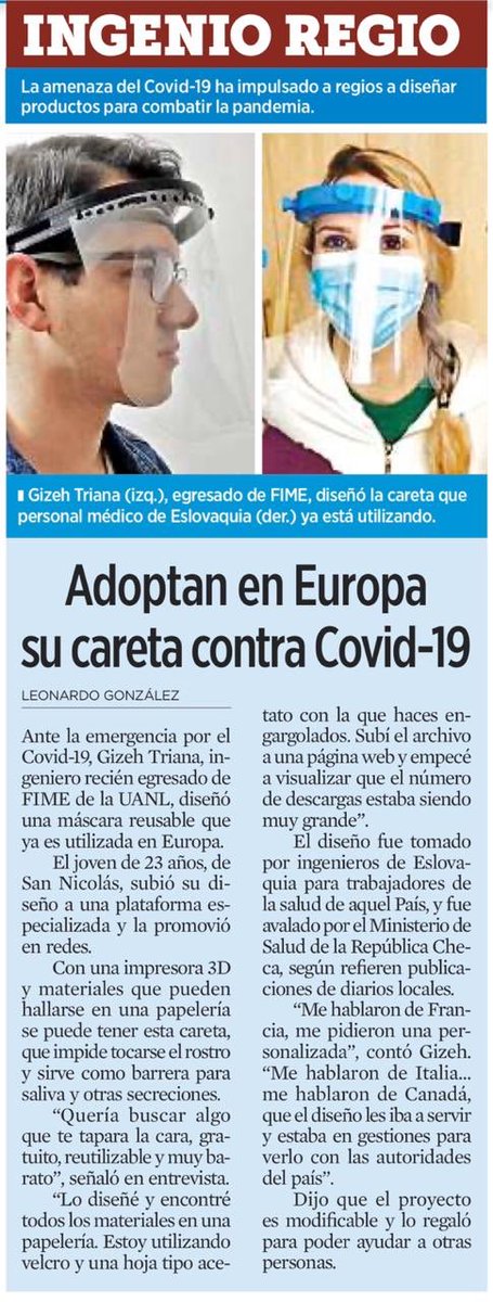 RogelioGzaUANL's tweet photo. Reconozco el gran compromiso social y la visión innovadora de Gizeh Triana, egresado de nuestra @FIME_Oficial, quien creó una máscara reusable contra la #COVID19, cuyo diseño subió a una plataforma para descargar gratis y ya está siendo utilizado en Europa. 

#SomosUni https://t.co/Oq0N9SF3Xk