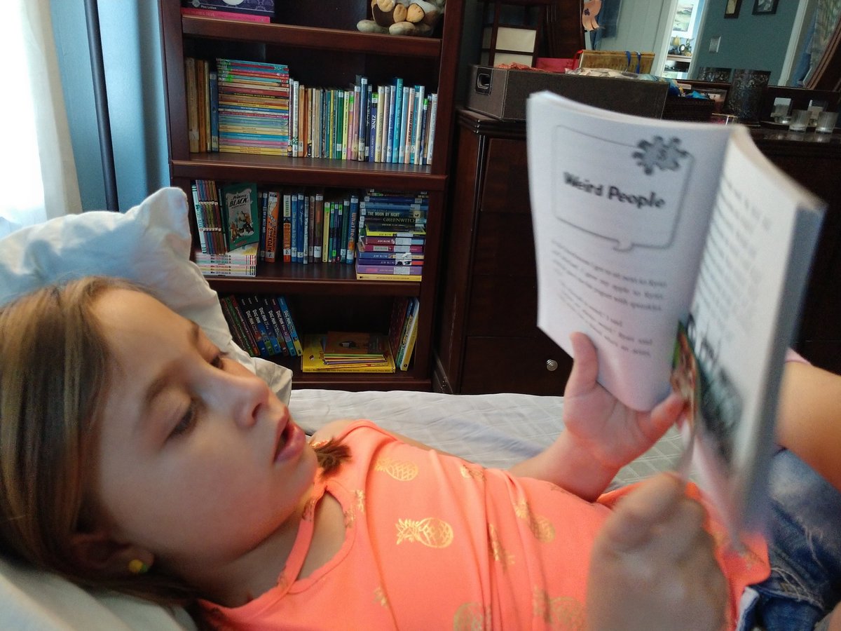 Current status: This girl is missing school. Reading silly stories is helping! #MyWeirdSchool @DanGutmanBooks
