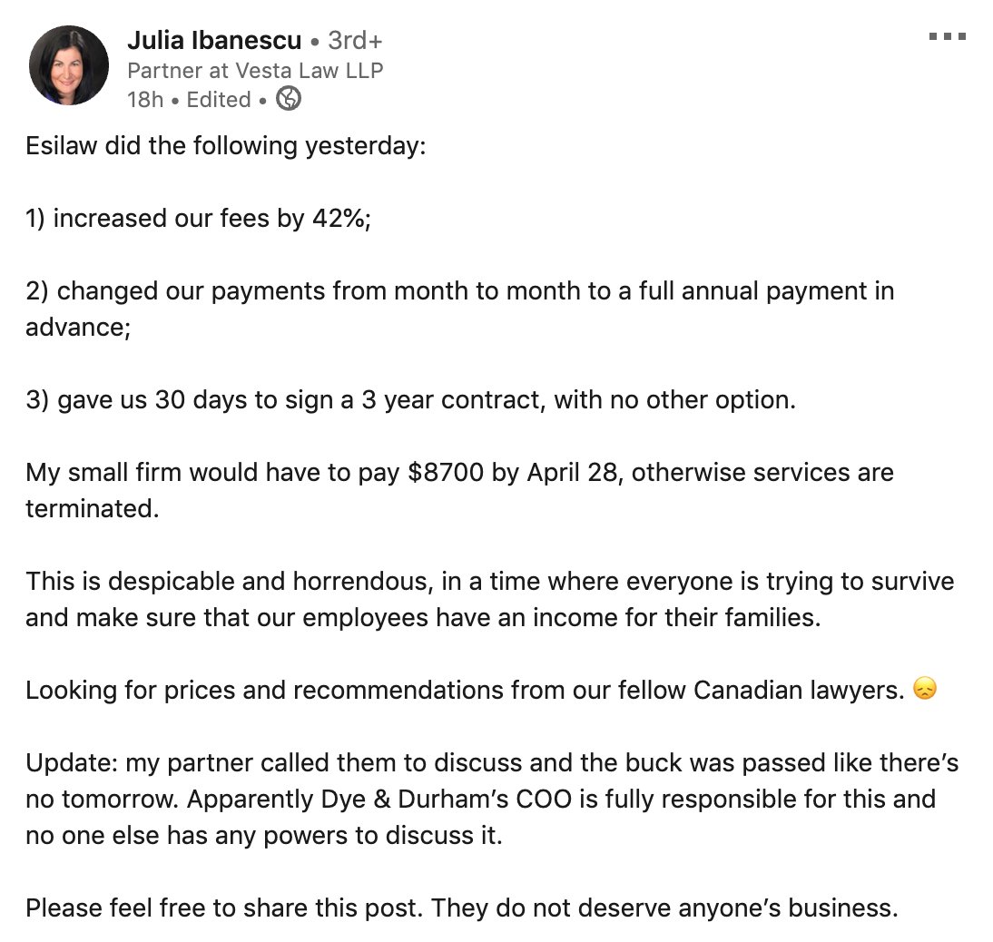 jack_newton's tweet photo. Over the last 5 years, many on-premise #legaltech vendors have been bought by private equity, who then run the standard PE playbook of “raise prices, cut development, cut support, optimize EBITDA”. Shameful at the best of times, abhorrent behaviour in the COVID-19 era. https://t.co/ryLRUILBVy