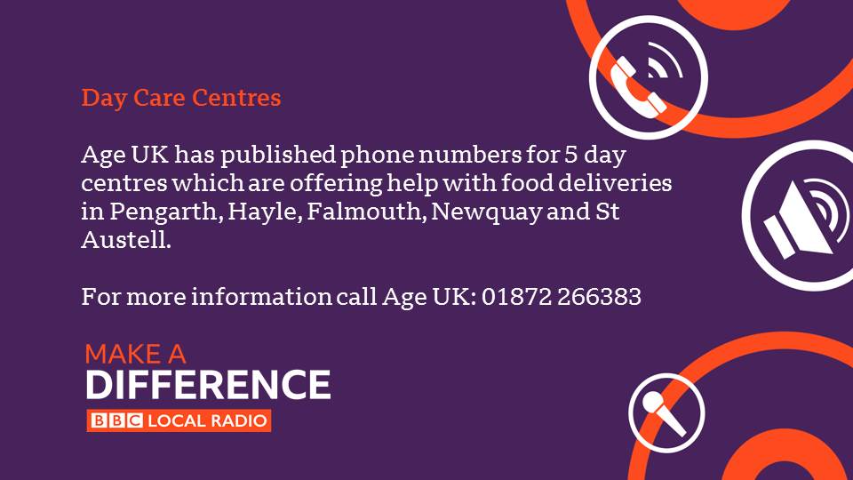 Five day centres in Cornwall are offering help with deliveries to those who can't get out.  @AgeUKCornwall has contact numbers. #BBCMakeADifference