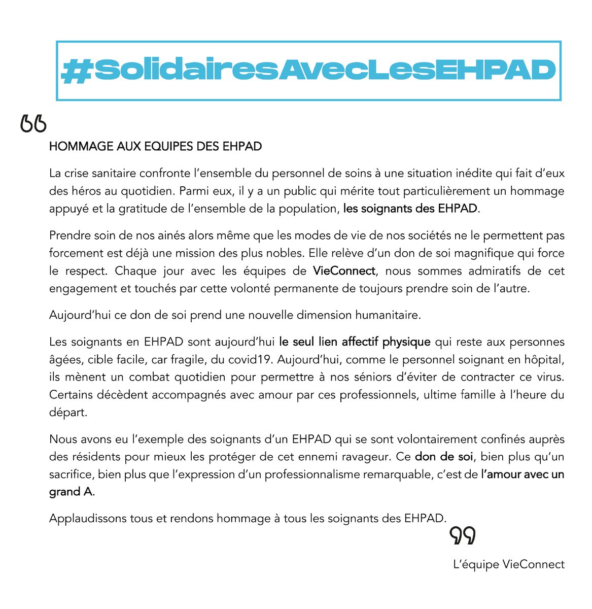 VieConnect's tweet photo. {#SOUTIEN} 👏🏻

Découvrez ci-dessous le message de soutien pour les équipes des #EHPAD de la part de @VieConnect https://t.co/xOhxUkkSP7