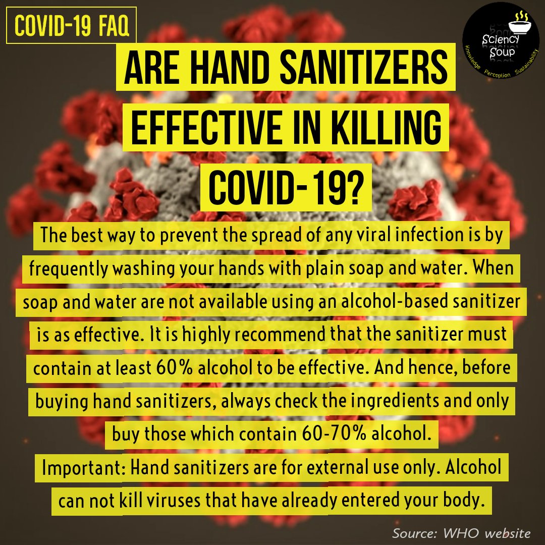 SciencySoup's tweet photo. FAQ_2: Are hand sanitizers effective in killing Covid-19? https://t.co/nCtSDeisU9