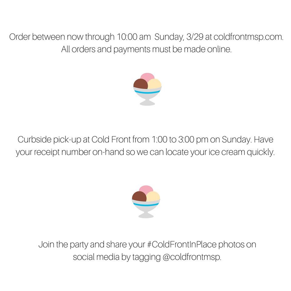 ColdFrontMSP's tweet photo. Since we’re all #StayHomeMN, let’s #ColdFrontInPlace for @MNRecovery this Sunday! 

☑️ Order online https://t.co/2vjJ7jPPVW
☑️ Curbside pick Sunday 1-3 p.m.
☑️ ALL proceeds go to help people w/ substance use disorders seeking support &amp; recovery during the #COVID crisis. https://t.co/VHOLQLPH4R