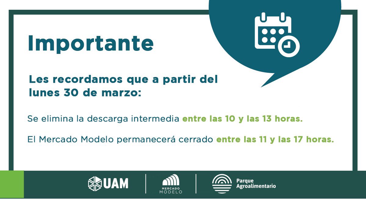 UAM_UY's tweet photo. En el @MercadoModeloUY nos cuidamos todas y todos 🍎
Les comunicamos las modificaciones en el horario de la operativa a partir del 30/3 🕚

#contribuyamosalaprevención ❤️ 
¡Si te cuidas vos, nos cuidamos todas y todos! 🌱 https://t.co/zR6kRXGvq2