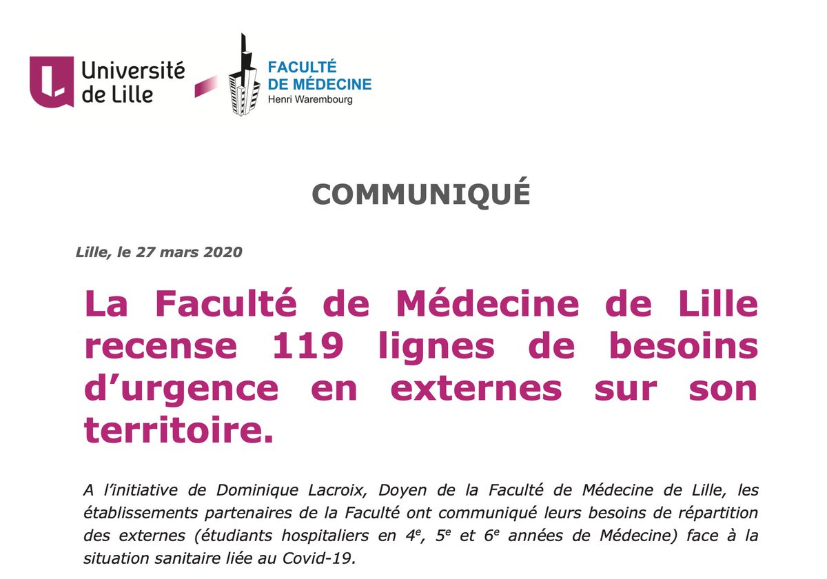 UFR3S_ULille's tweet photo. [Communiqué] #COVID2019 La Faculté de Médecine de Lille recense 119 lignes de besoins d’urgence en externes sur son territoire. @CHU_Lille @univ_lille @ARS_HDF @hautsdefrance https://t.co/w8KVJsEUXn https://t.co/w7wV7qrXSc
