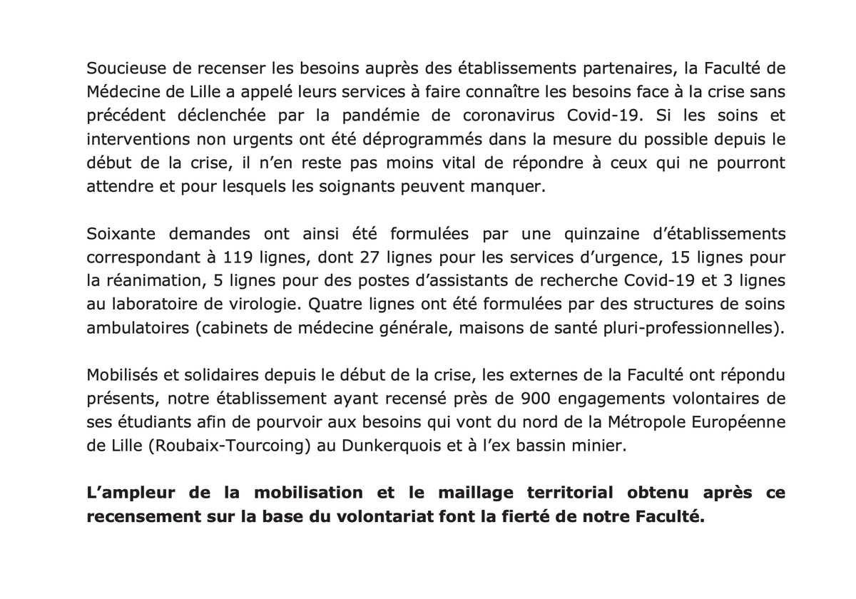 UFR3S_ULille's tweet photo. [Communiqué] #COVID2019 La Faculté de Médecine de Lille recense 119 lignes de besoins d’urgence en externes sur son territoire. @CHU_Lille @univ_lille @ARS_HDF @hautsdefrance https://t.co/w8KVJsEUXn https://t.co/w7wV7qrXSc