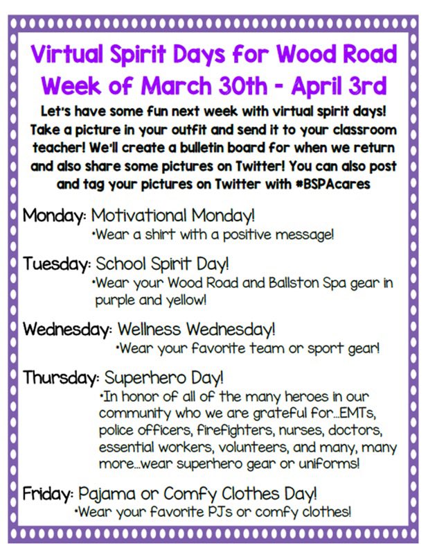 First Graders, show your school spirit and participate in next week’s spirit days!  Don’t forget to send your teacher a picture of you in your spirit attire!