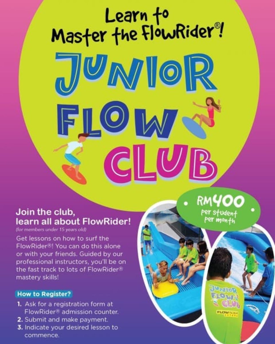 Calling all kids sports enthusiasts!
Want to get in-dept and personal FlowRider coaching from professional coaches? Join the exclusive FlowRider 1 Utama "Junior Flow Club"! Learn, practice, have fun and you'll be on the fast track to flowboarding mastery! 💪