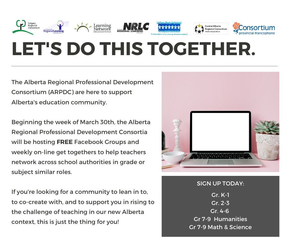 crconsortium's tweet photo. The Alberta Regional Professional Development Consortia are offering Facebook groups and weekly on-line gatherings to support teachers in implementing the new Ministry Guidelines for Continuing Student Learning while classes are cancelled. https://t.co/htGXQmhg30 #abed #arpdc https://t.co/1C3SP4KGXP