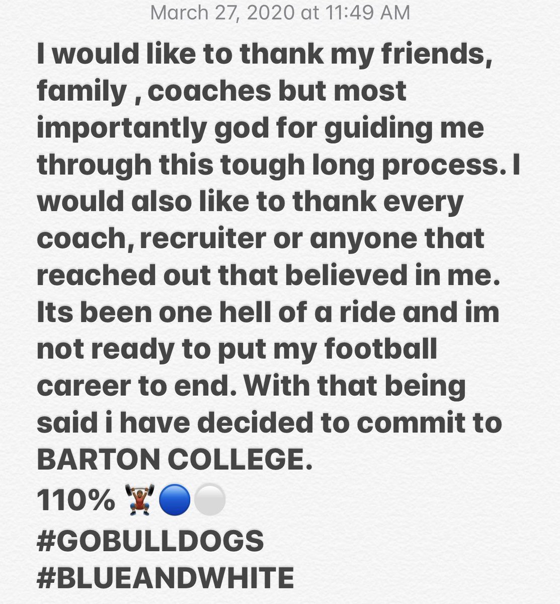 doubledeuceJHS's tweet photo. Mannnnnn im fired up!!!! I APPRECIATE EVERY LAST ONE OF THE COACHES, EVERY FRIEND, AND EVERYONE THAT PUT EFFORT INTO ME. GOD BLESSED ME WITH A GREAT OPPORTUNITY AND IM ALL IN!!! @BartonAthletics @worbin ...             —>@MRC3_41 @trent_jones01 LETS GET BUSY🔵⚪️ https://t.co/6zrfs9YcoE