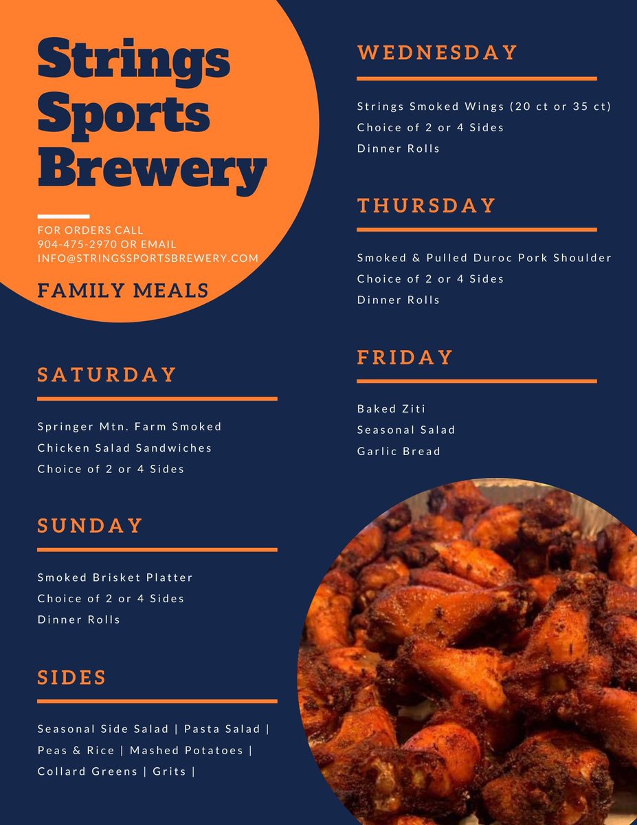 Strings Sports Brewery (@stringsbrewery) on Twitter photo Don’t forget to preorder your family meals for the weekend!!🙌 We have baked ziti w/ meat tonight, smoked chicken salad sandwiches on Saturday, and our tasty brisket on Sunday😋 Email your orders to info@stringssportsbrewery.com or call us at (904)475-2970 from 12-7pm! Don’t forget to preorder your family meals for the weekend!!🙌 We have baked ziti w/ meat tonight, smoked chicken salad sandwiches on Saturday, and our tasty brisket on Sunday😋 Email your orders to info@stringssportsbrewery.com or call us at (904)475-2970 from 12-7pm!