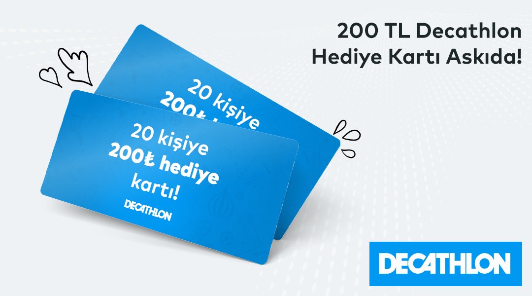 Evde sağlıklı kalırken Decathlon’dan 20 kişiye 200 ₺ değerinde hediye kartı askıda! Askıdan almak için @DecathlonTurkey hesabını takip et ve bu tweet’i RT’le. #SporaDevam