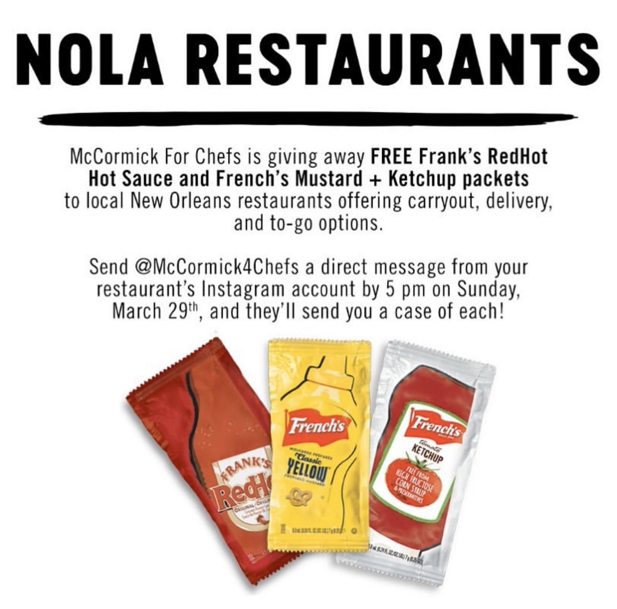 YelpNOLA's tweet photo. ATTN NOLA RESTAURANTS: @McCormick4Chefs is giving away free frank’s and french’s condiment packets! See post for more info #supportlocal #nolalocal https://t.co/VQL1X7uvLU
