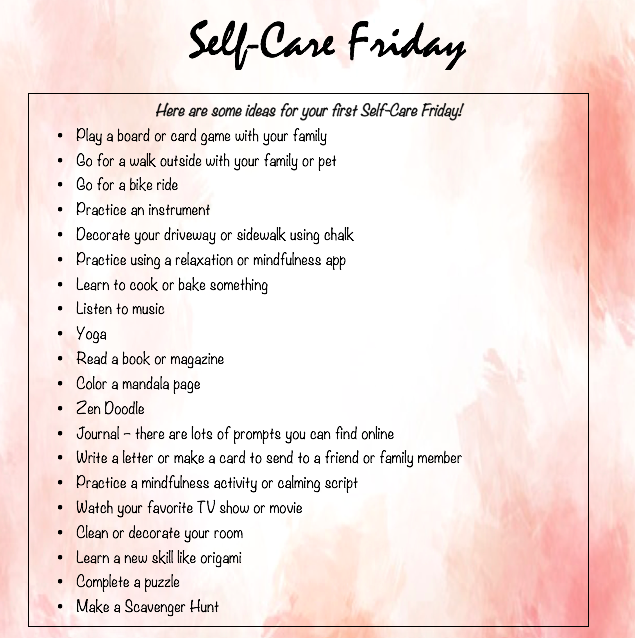 ACarterNOMS's tweet photo. Here are some ideas for your Self-Care Friday @NomsMustangs @KerriHammons https://t.co/yyqG9o2GDO