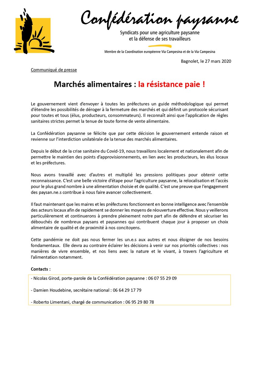 ConfPaysanne's tweet photo. C'était une bataille de la @ConfPaysanne, c'est une victoire pour les circuits courts et la vente directe! 

Le #gouvernement revient sur l’interdiction unilatérale de la tenue des marchés alimentaires

#PasUnPaysanDeMoins à cause de la crise! https://t.co/jjxMD1pn8b