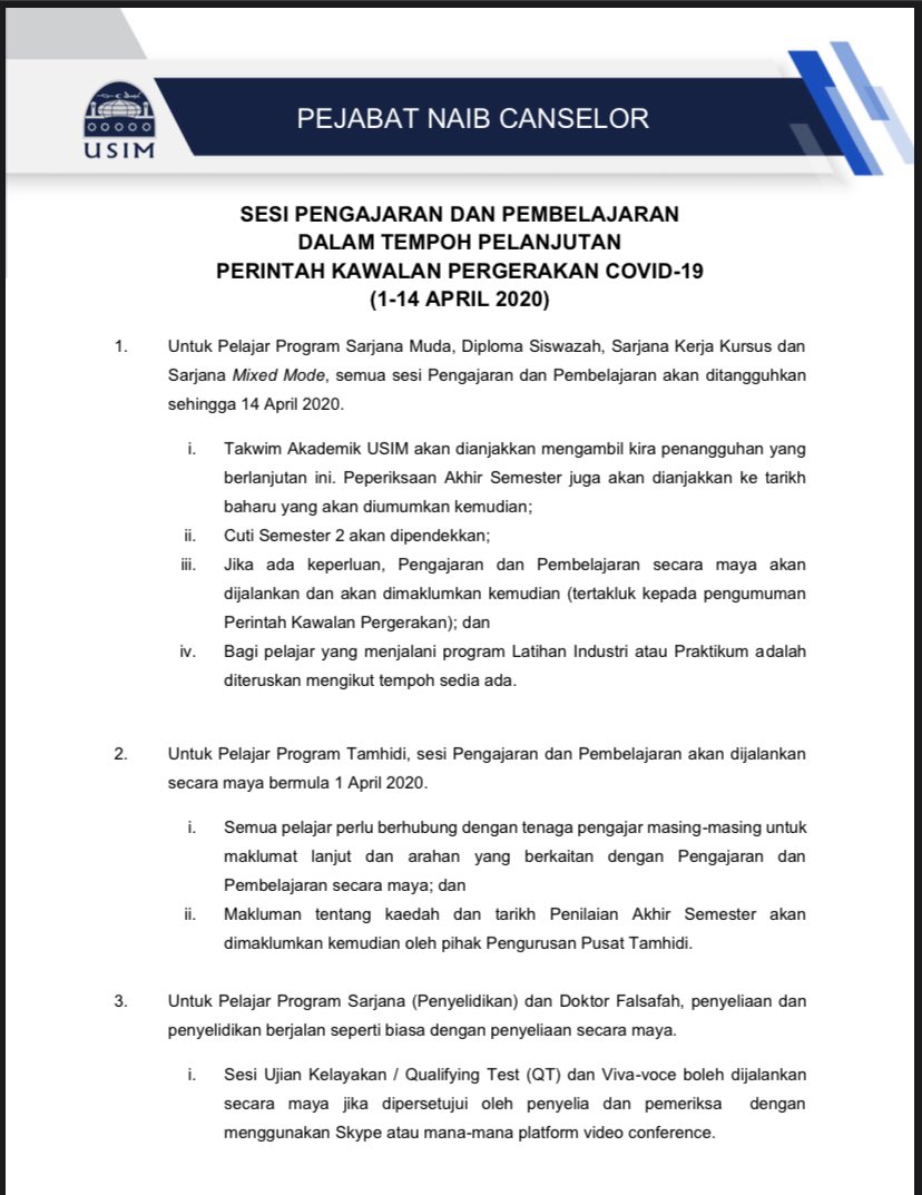 usim's tweet photo. TERKINI | Pemakluman mengenai sesi P&amp;P selari dengan tempoh pelanjutan PKP oleh Kerajaan sehingga 14 April 2020 https://t.co/WYOYi4VR3p