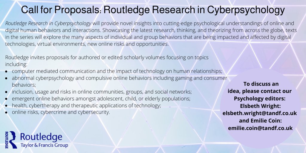 RoutledgePsych's tweet photo. Our Psychology Editors our looking for new book proposals on topics relating to cyberpsychology! Get in touch with @Elsbeth_YW and @EmilieJCoin to discuss your ideas. #cyberpsych #cyberpsychology #cybertherapy #socialpsychology #socialpsych #publishing https://t.co/GxOJNfji4i