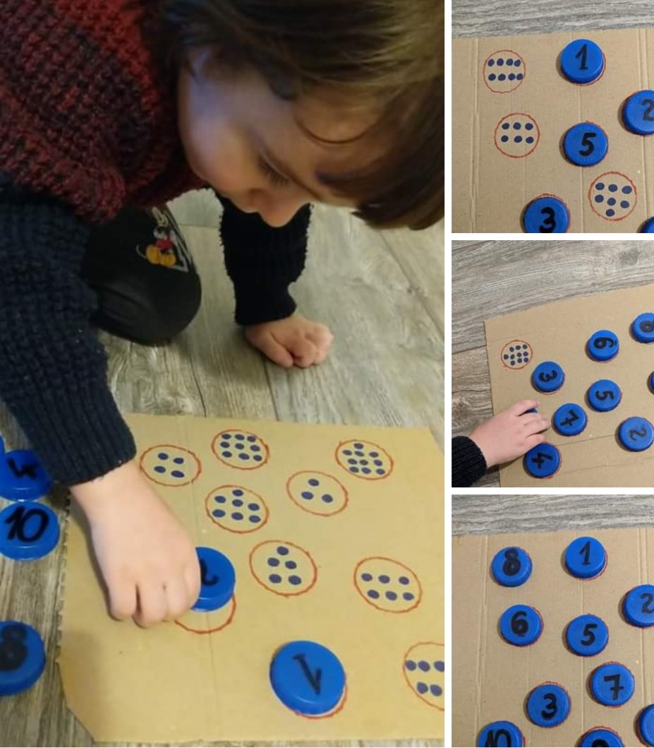 susiq24's tweet photo. Save your milk lids or jar lids, a simple maths game to keep the wee ones busy. Lots of possibilities and challenges. @Tulachnursery #numeracylearning. https://t.co/IY6GWv6NRk