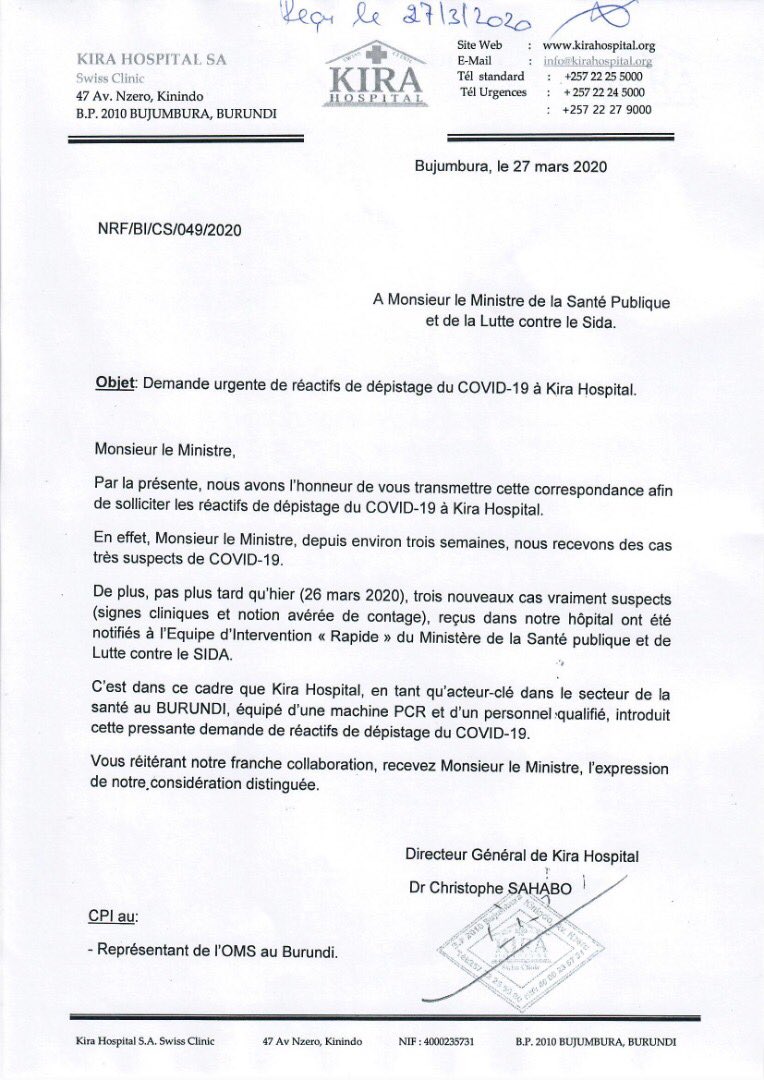  Dans une correspondance adressée au  @mspls_bdi ce vendredi 27/03/2020,  @kiraswissclinic déclare avoir reçu depuis trois semaines "des cas très suspects de  #COVID19", et sollicite d'urgence du ministère de la  #Santé des réactifs de dépistage du nouveau  #coronavirus