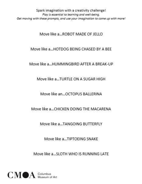 Cabin fever? #Play is essential to learning, well being, and creativity. Try out these movement prompts to shake off the screen time and wake up your imagination. Show us your moves with #myCMAatHome 🕺
