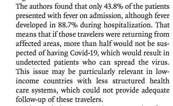 BREAKING: Brief19 has learned that only 43% of covid-19 patients admitted to hospital had fever on initial evaluation. but 88.7% developed fevers during hospitalization.

This goes against <a href="/WHO/">World Health Organization (WHO)</a> catch-net definitions requiring fever + one respiratory symptom. 

 New <a href="/NEJM/">NEJM</a> letter👇