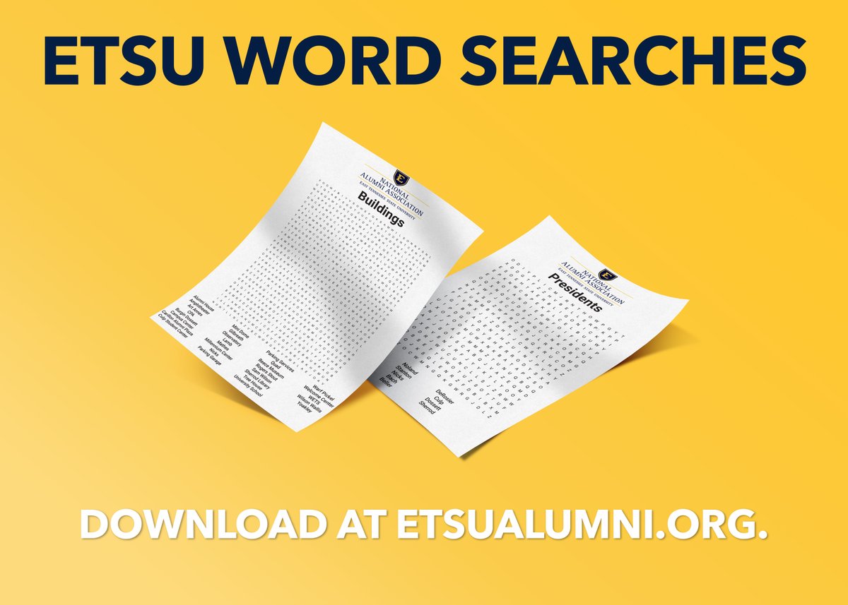 ETSUAlumni's tweet photo. In order to help pass the time, we now have free ETSU themed word search puzzles on our website! We will be releasing more puzzles in the coming days. To download, visit https://t.co/Q8601qDxwJ. #ETSUPRIDE365 https://t.co/n1FY5fMsAZ