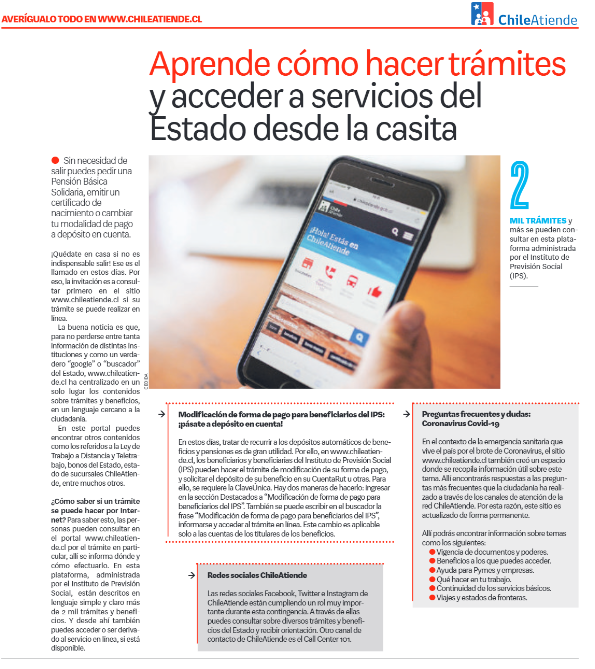 GobDigitalCL's tweet photo. #CuidemosnosEntreTodos por eso compartimos información importante para realizar trámites del Estado #enlínea. Consulta en @ChileAtiende si tu trámite está disponible para hacerlo por #internet 🖥️📲💻

Revisa @lacuarta p15 https://t.co/bWBzovk97e
#PlanCoronavirus 
#covid19chile https://t.co/l67oeH05ca