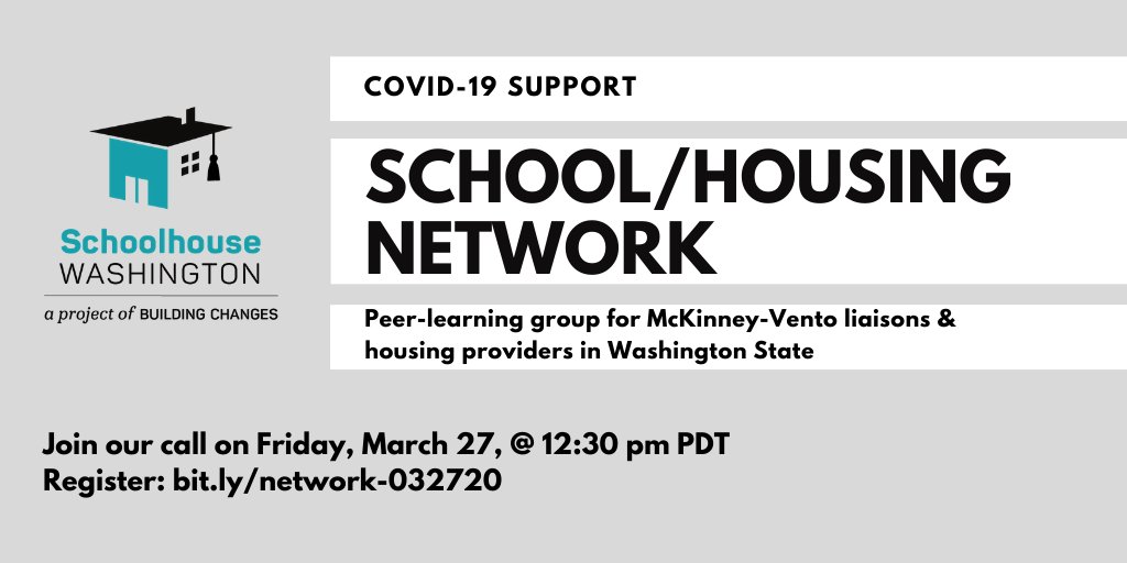 schoolhousewa's tweet photo. Join us TODAY at 12:30 pm: School/Housing Network meeting for McKinney-Vento liaisons &amp; housing providers in WA. Connect and share strategies for serving students &amp; families experiencing homelessness during the #COVID19 crisis. https://t.co/RfIHqX7czq @waOSPI https://t.co/4SpN159R5x
