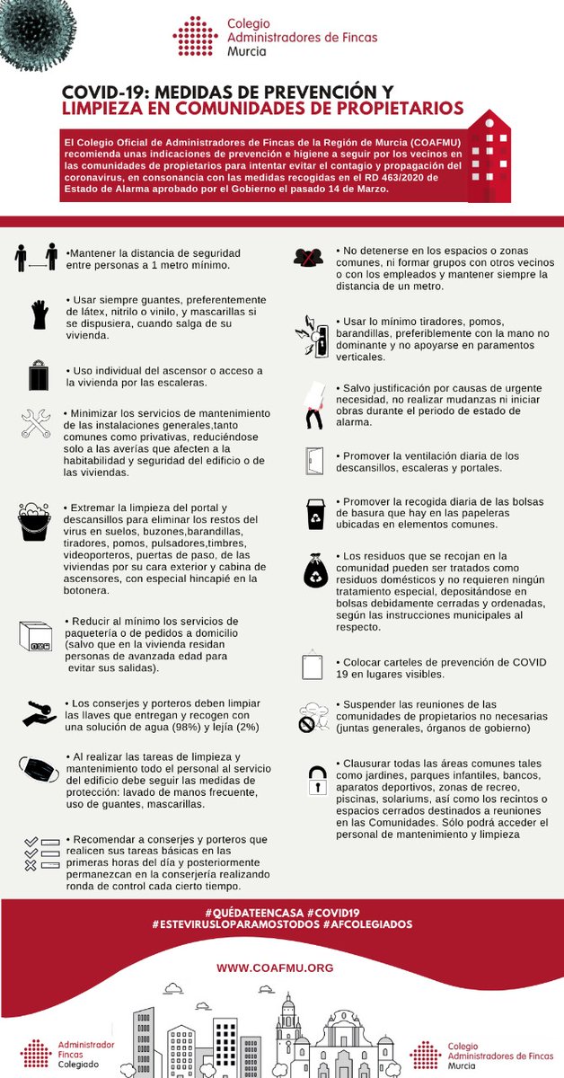Cafmurcia's tweet photo. En #COAFMU ✅ estamos trabajando por tener comunidades seguras y libres de Covid-19, os hemos preparado una guía para que conozcáis protocolos para prevenir y proteger vuestros edificios.🏘 Más info aquí 👉 https://t.co/e3cLFxy1gU

#Covid19 #QuédateENCasa #EsteVirusLoParamosTodos https://t.co/B9qgSSgMOj