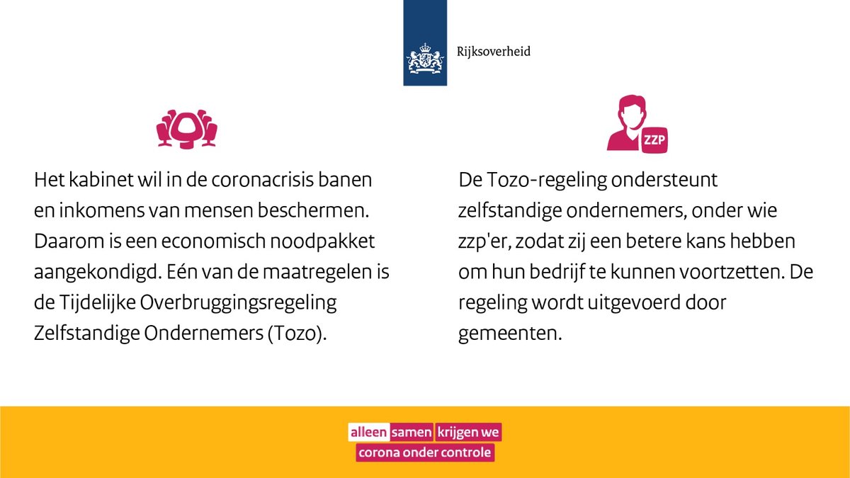 De Tijdelijke Overbruggingsregeling Zelfstandige Ondernemers (Tozo) helpt zelfstandige ondernemers, incl. zzp’ ers, tijdens de #coronacrisis met inkomensondersteuning en bedrijfskrediet. Vanaf volgende week kunnen zij terecht bij hun gemeente 
⤵ 
rijksoverheid.nl/onderwerpen/co…