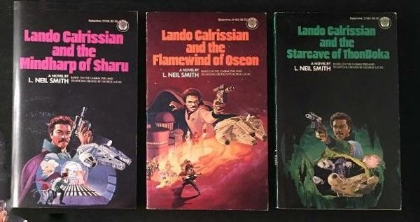 But there was a tale no one believed: his finding the Mindharp of Sharu, destroying a whole star system, and defeating an evil sorcerer that could fit in the palm of his hand.This is, of course, a reference to the Lando Clarissian Adventures by L. Neil Smith.