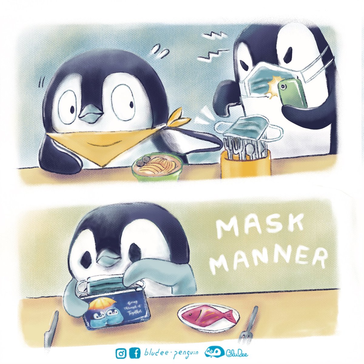 BluDeePenguin's tweet photo. Mask Manner, don't be so selfish, keep your mask safe and then enjoy your fish, like what BluDee did #mask #selfish #covid19 #protect
#penguin #ペンギン #graphic #illustration #comics #cute #animals #插畫 #防疫 #hkig https://t.co/1xyFJa5rQ0
