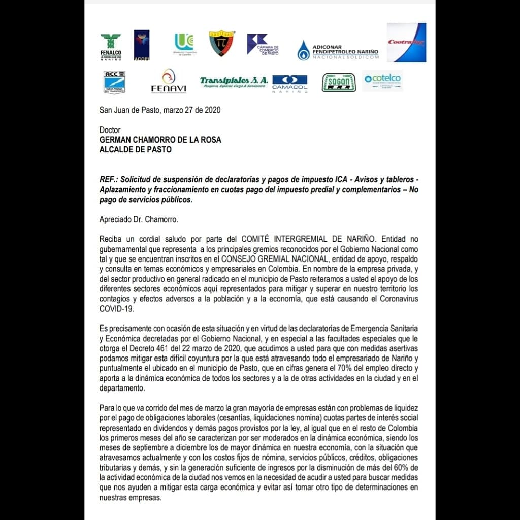 FENALCON's tweet photo. El Comité Intergremial de Nariño, hace un llamado respetuoso a nuestras autoridades, al señor Alcalde del Municipio de Pasto, Doctor Germán Chamorro de la Rosa, para que enviemos un mensaje de alivio a nuestros comerciantes y empresarios del municipio de Pasto.
@alcaldiapasto https://t.co/JNfsy64mri