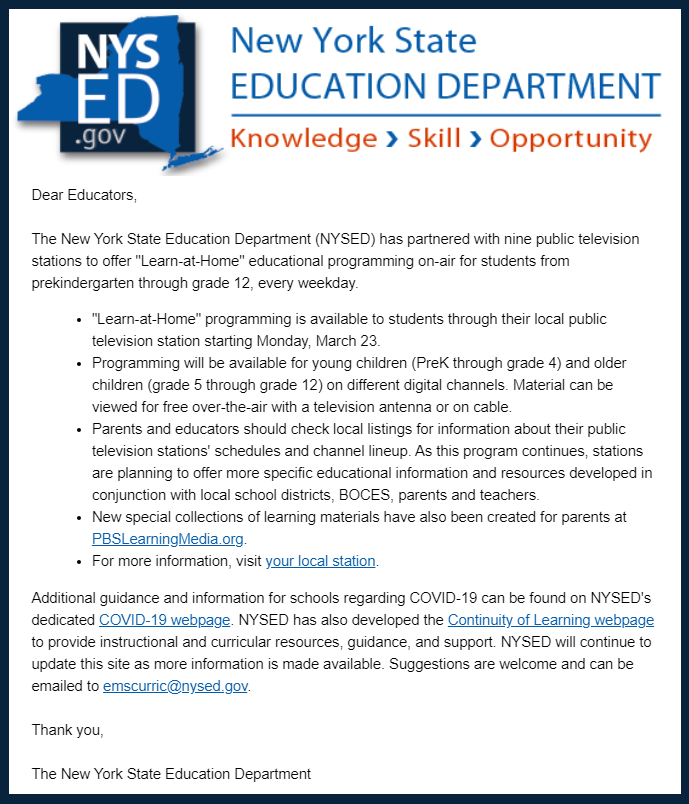 Check it out! <a href="/NYSEDNews/">NYS Education Department</a> is offering public broadcasting for educational programming! 
#distancelearning #InnovatorsMindset #COVID19 #BetterTogether