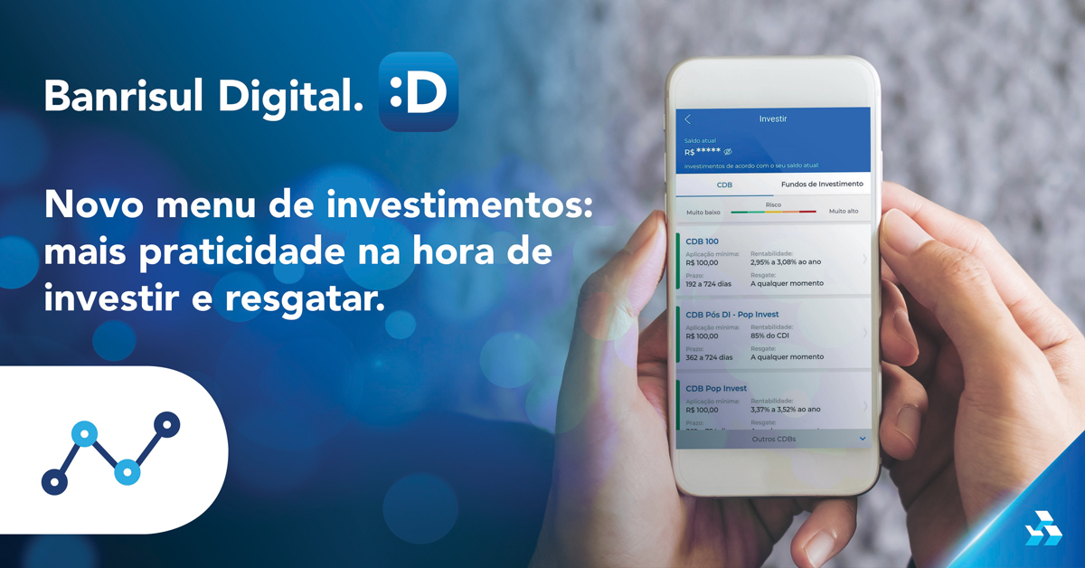 Banrisul's tweet photo. O app Banrisul Digital agora conta com novas funções para seus investimentos, como categorização por modalidade e destaque em cores conforme o grau de risco. Acesse e confira! https://t.co/pu4gfWNtZp