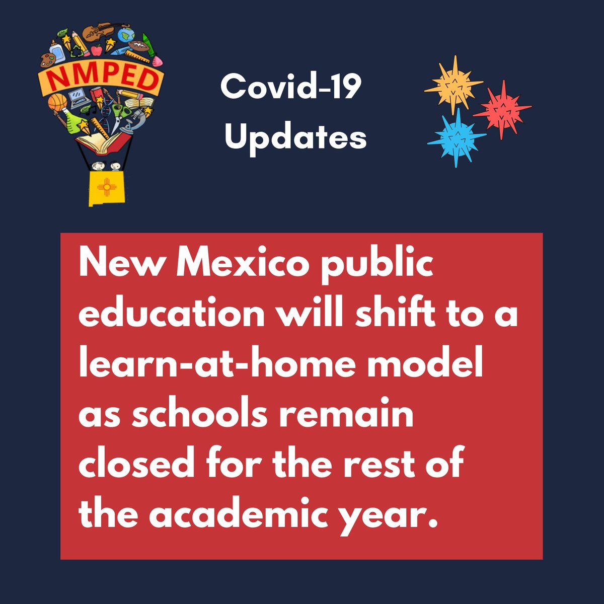 Today, @GOVMLG will sign an Executive Order to direct New Mexico public education to shift to a learn-at-home model as schools remain closed for the rest of the academic year. Please read the full news release here.  bit.ly/33UkxfV