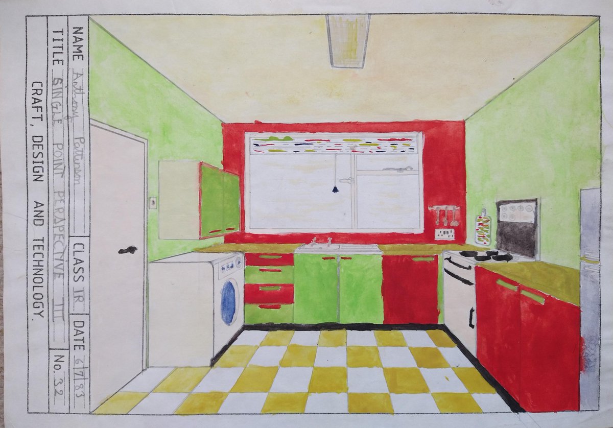 thatsafineidea's tweet photo. @TeacherToolkit  I wonder how many year7 students could draw their #kitchen in #singlepointperspective now they're at home? I found these from 37 years ago I wonder if Anthony remembers his @PaulinePat37 #homestudy #HomeschoolinguK #homeschooling #homeschool2020 #drawing #graphic https://t.co/z6gm47k4J2