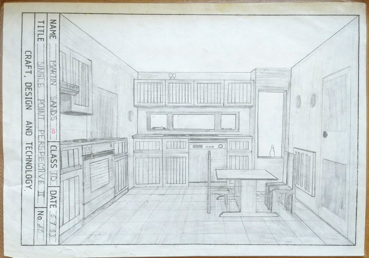 thatsafineidea's tweet photo. @TeacherToolkit  I wonder how many year7 students could draw their #kitchen in #singlepointperspective now they're at home? I found these from 37 years ago I wonder if Anthony remembers his @PaulinePat37 #homestudy #HomeschoolinguK #homeschooling #homeschool2020 #drawing #graphic https://t.co/z6gm47k4J2
