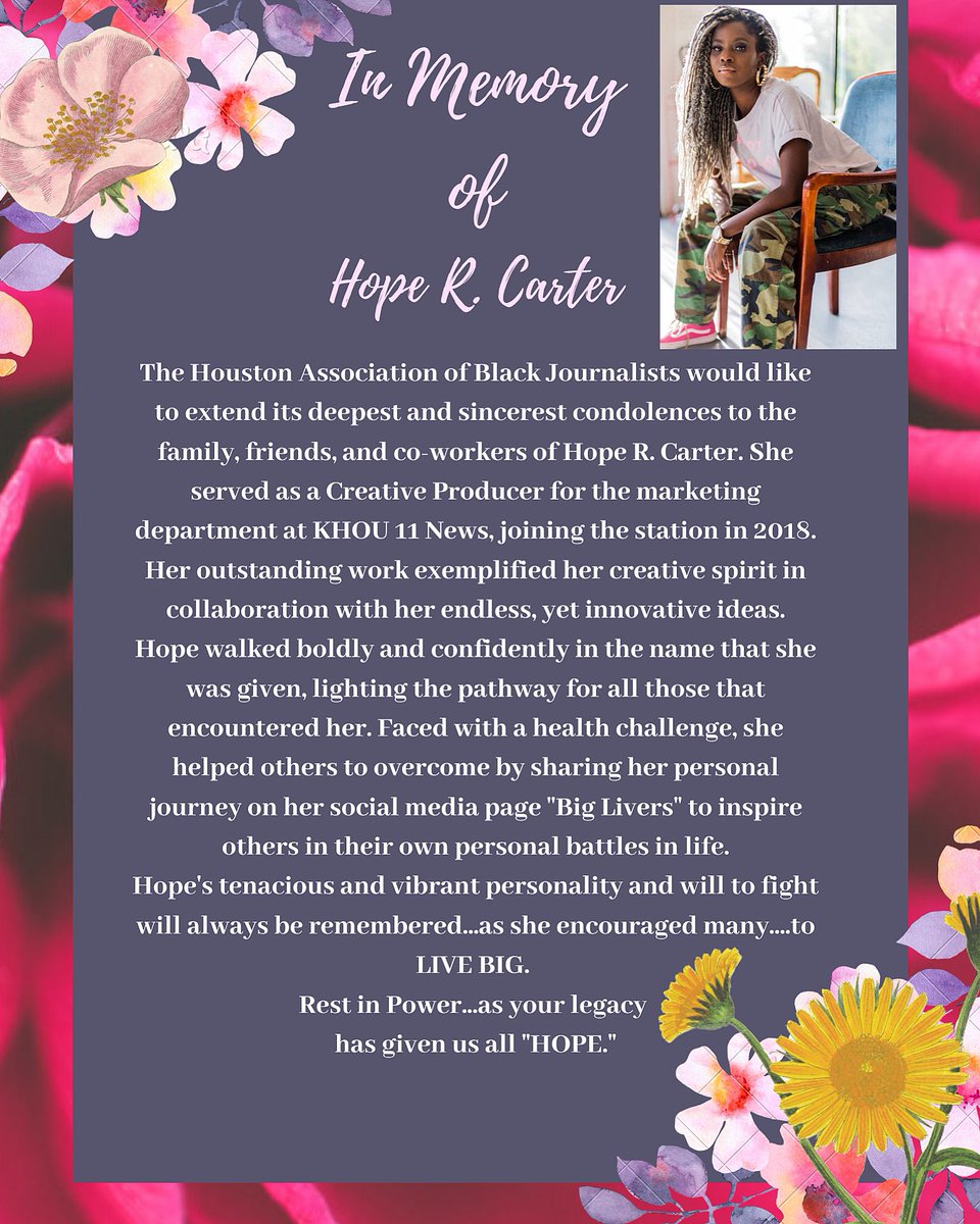 HoustonABJ's tweet photo. HABJ would like to extend its deepest condolences to the family of Hope R. Carter, the KHOU family and everyone who knew and loved this beautiful soul. 🙏🏽 She’s resting with the Father now. 🕊 https://t.co/a7SsfwWLnU