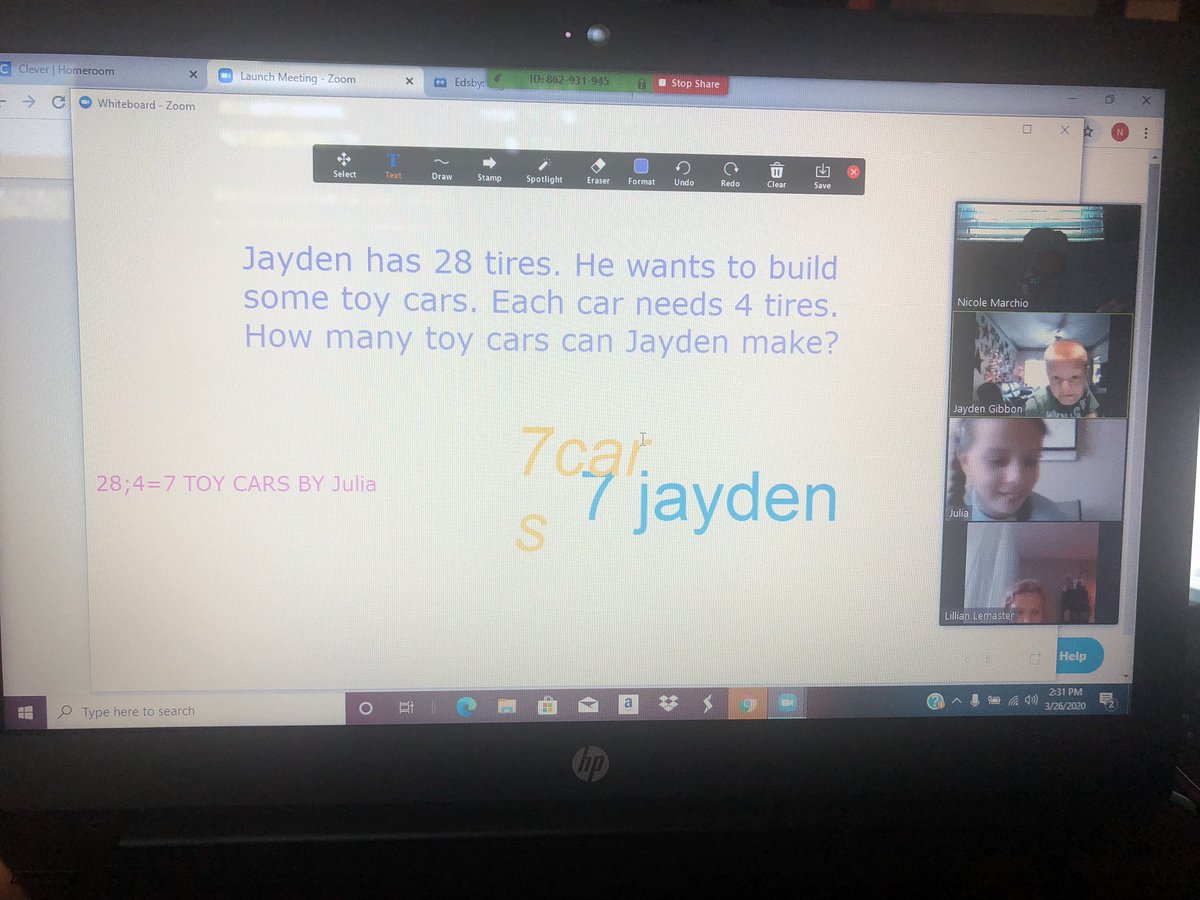 MissMarchio's tweet photo. Testing out Zoom features with some kiddos! Shout out to Lillian, Jayden, and Julia for allowing me to learn along with them! eLearning is not just for the kids, I am learning SO much too! #BetterTogether #3rdLightsTheWay https://t.co/h2Ufwb0K1E
