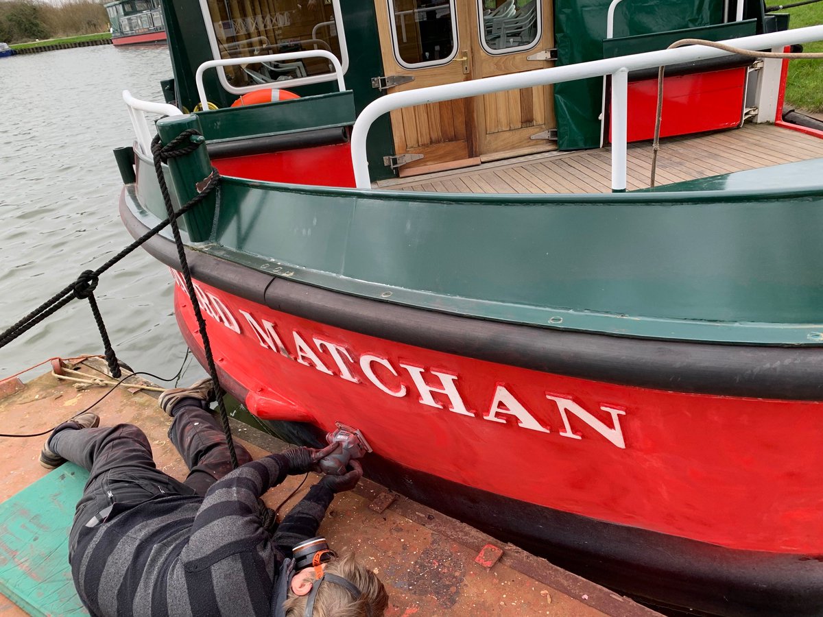 Leonard Matchan's hull paintwork is being refreshed by our skipper, John