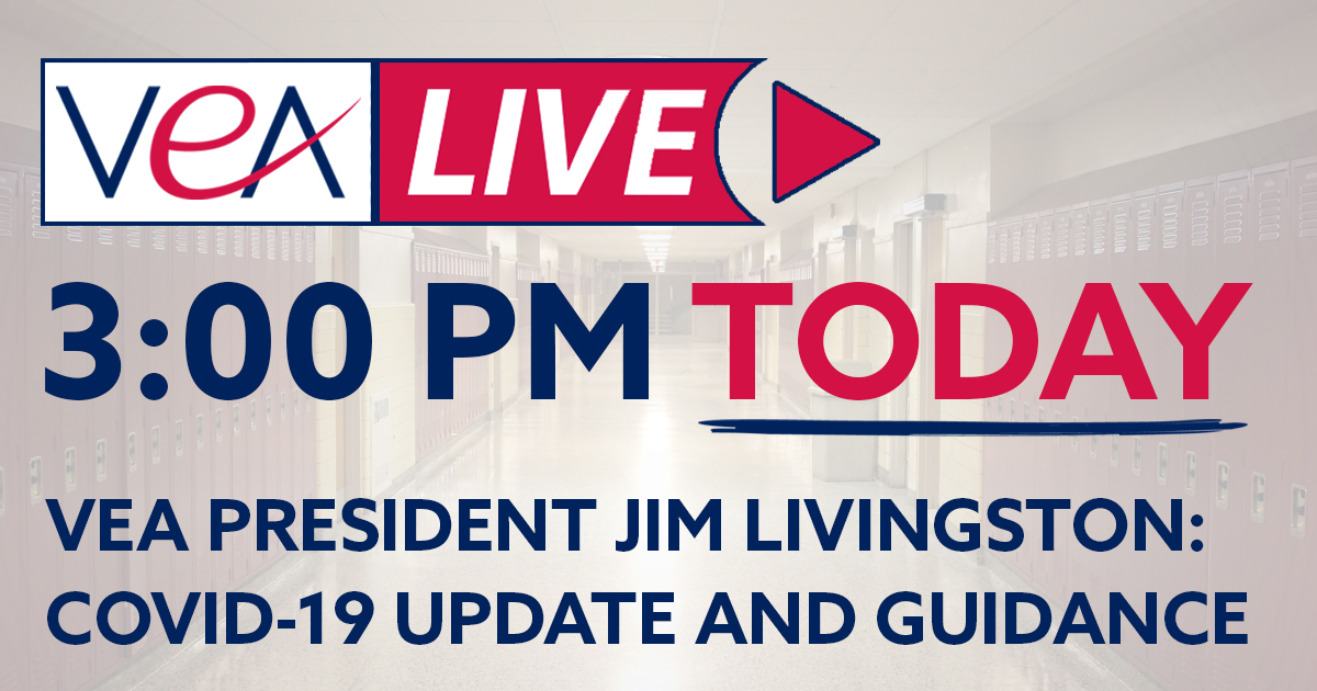 VEA4Kids's tweet photo. How are you coping with the closing of school buildings? VEA President Jim Livingston will be live TODAY at 3pm on the VEA Facebook page to discuss the latest developments affecting students and educators. #VEAStrong #COVID19 https://t.co/MHQajMb38E