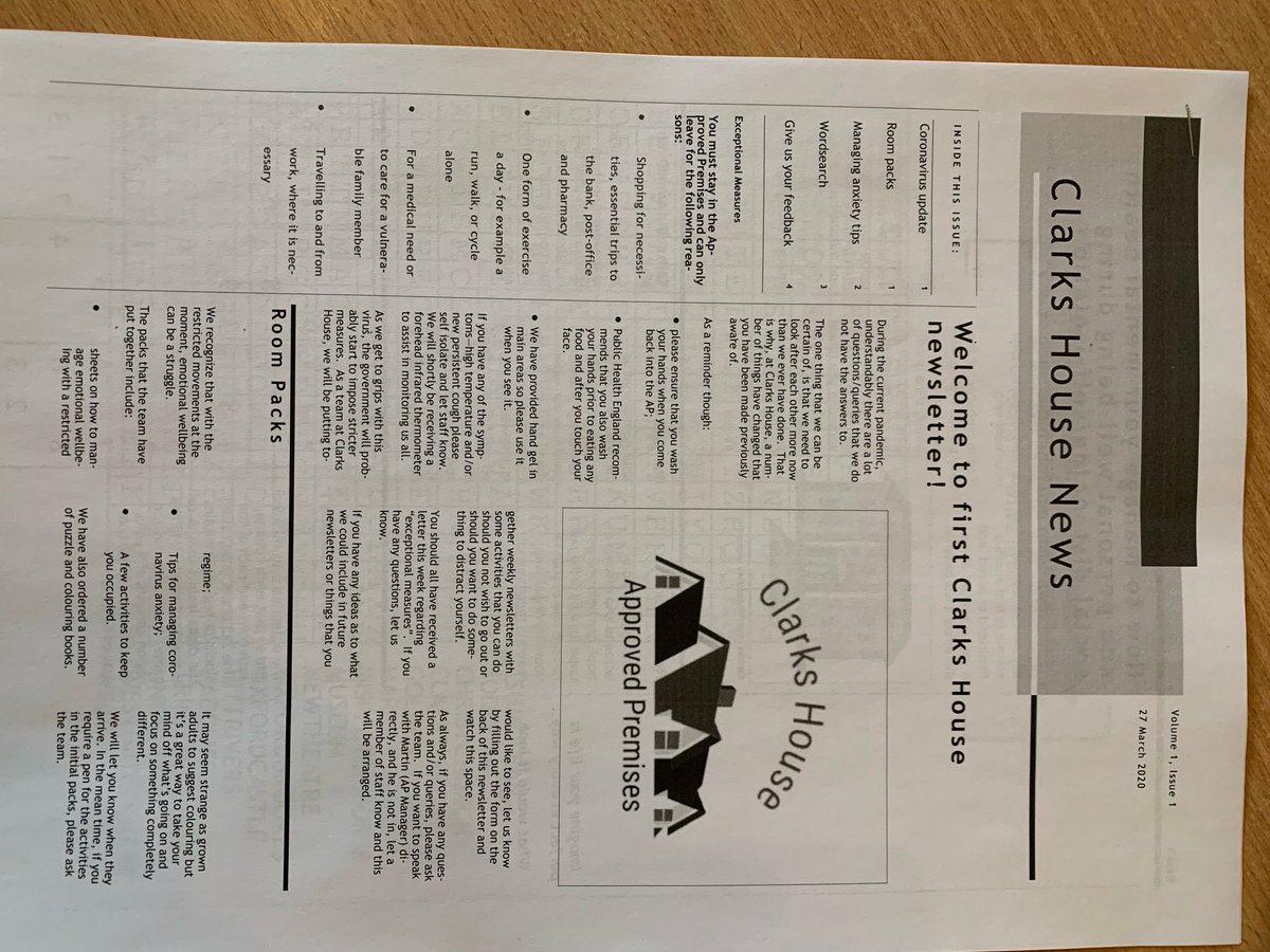 ClarksHouseAP's tweet photo. #TeamClarks continues & have worked hard to complete our first newsletter to accompany distraction packs for our residents in the current situation. This coupled with flowers from a resident "to brighten up even the darkest of days". Still enabling all residents to #selfcare https://t.co/HoRgq5UGz7